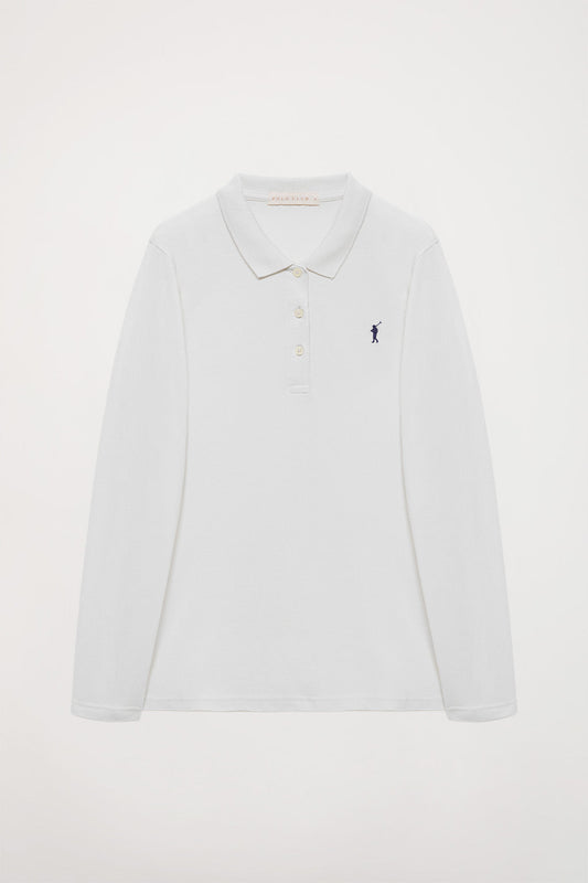 White long-sleeve pique polo shirt with Rigby Go logo