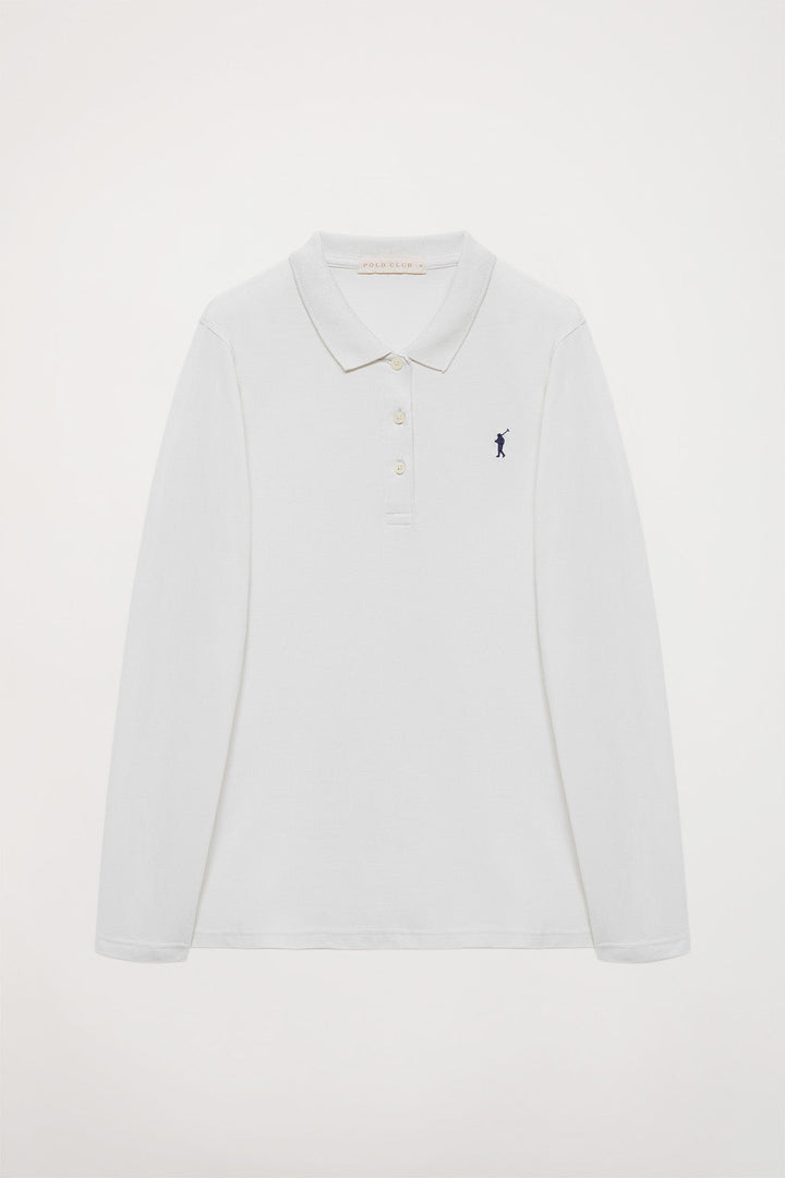 White long-sleeve pique polo shirt with Rigby Go logo