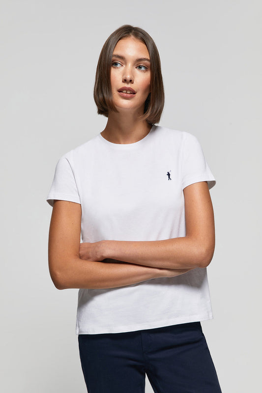 White short-sleeve basic T-shirt with Rigby Go logo