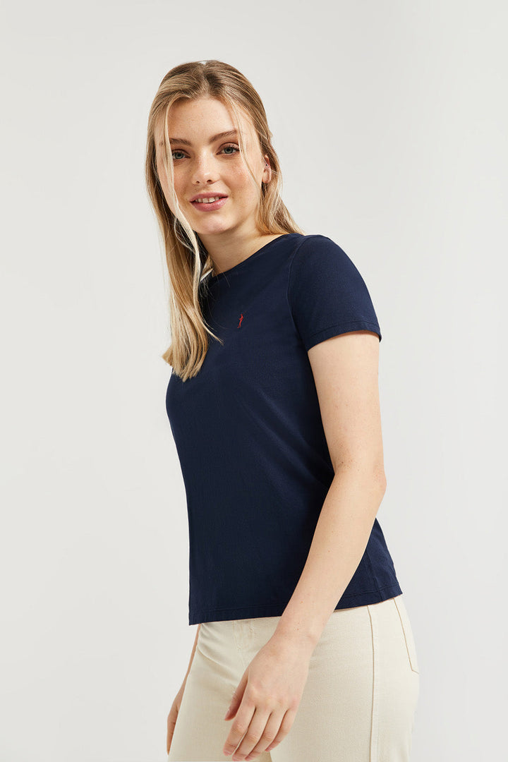 Kurzärmliges schlichtes T-Shirt marineblau mit Rigby Go Logo