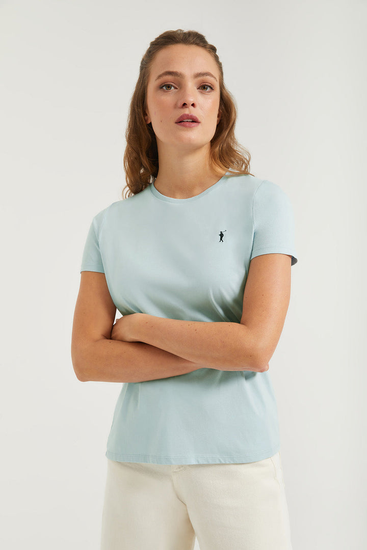 Sky-blue short-sleeve basic T-shirt with Rigby Go logo