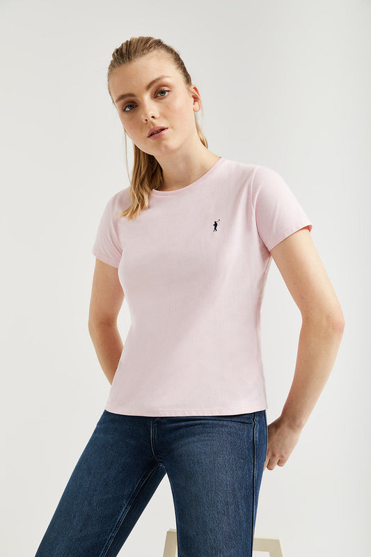 Pink short-sleeve basic T-shirt with Rigby Go logo