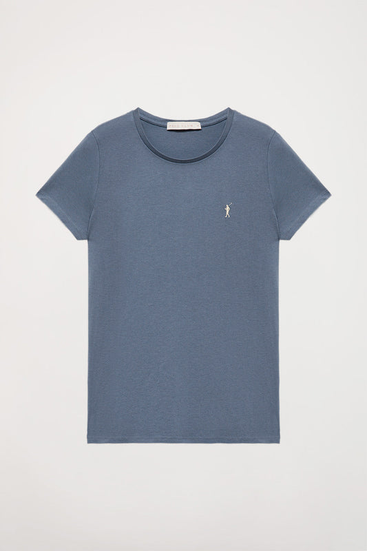 Kurzärmliges schlichtes T-Shirt denimblau mit Rigby Go Logo