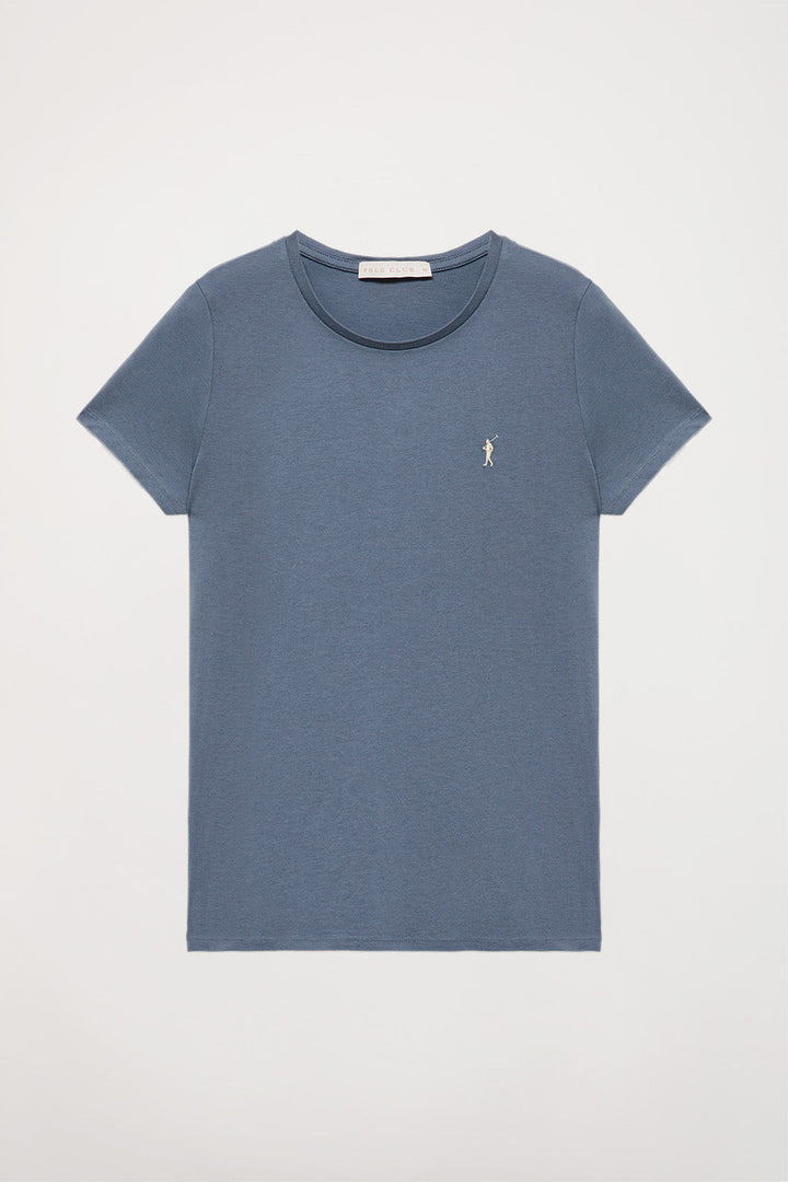 Kurzärmliges schlichtes T-Shirt denimblau mit Rigby Go Logo