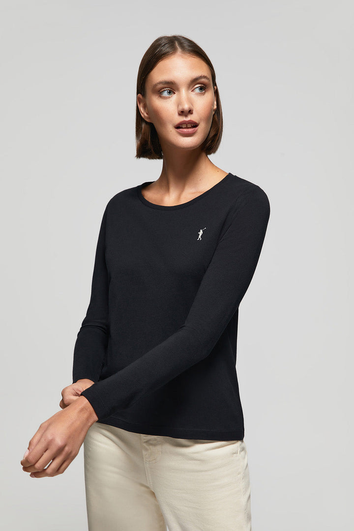 Langärmliges, schlichtes Baumwoll-T-Shirt schwarz mit Rigby Go Logo