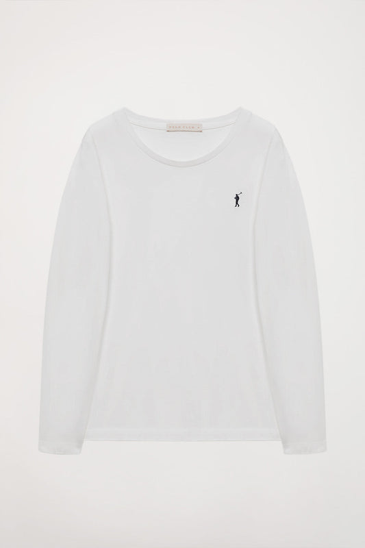 Langärmliges, schlichtes Baumwoll-T-Shirt weiß mit Rigby Go Logo
