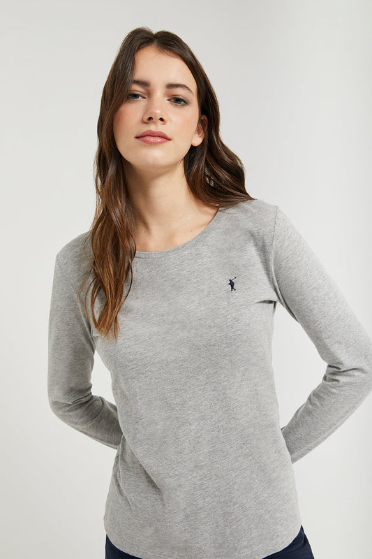Langärmliges, schlichtes Baumwoll-T-Shirt grau meliert mit Rigby Go Logo