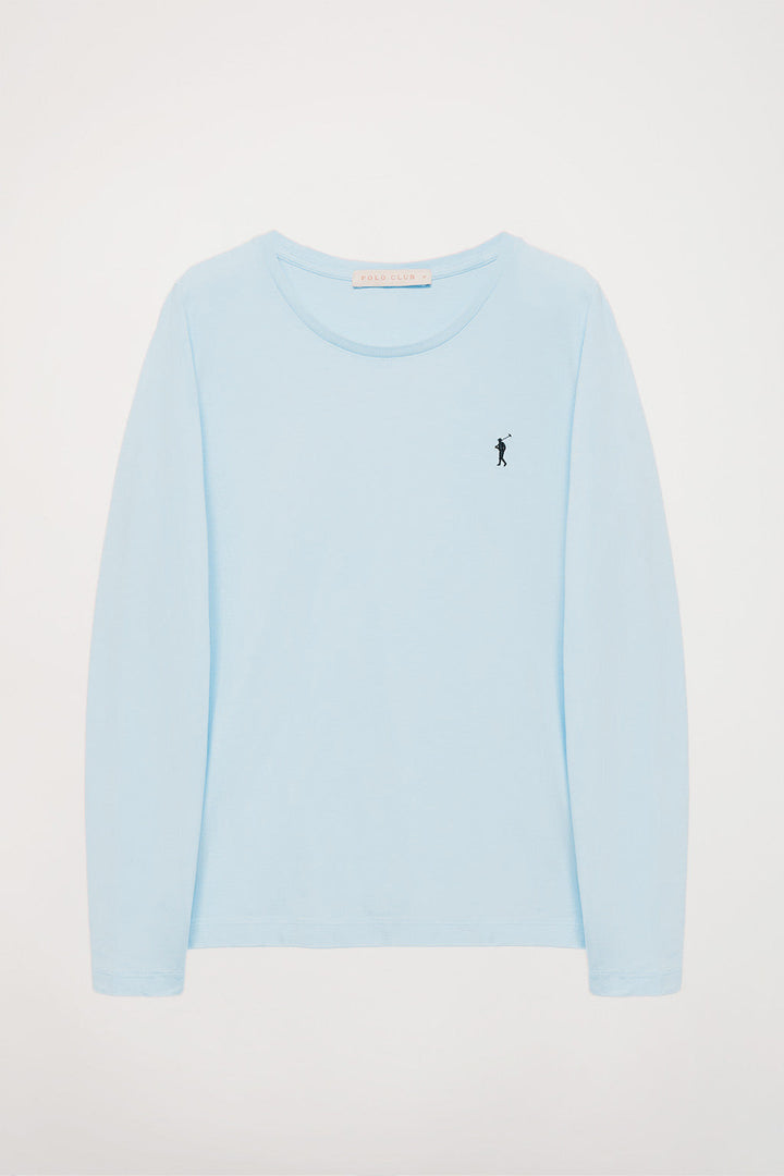 Langärmliges, schlichtes Baumwoll-T-Shirt hellblau mit Rigby Go Logo