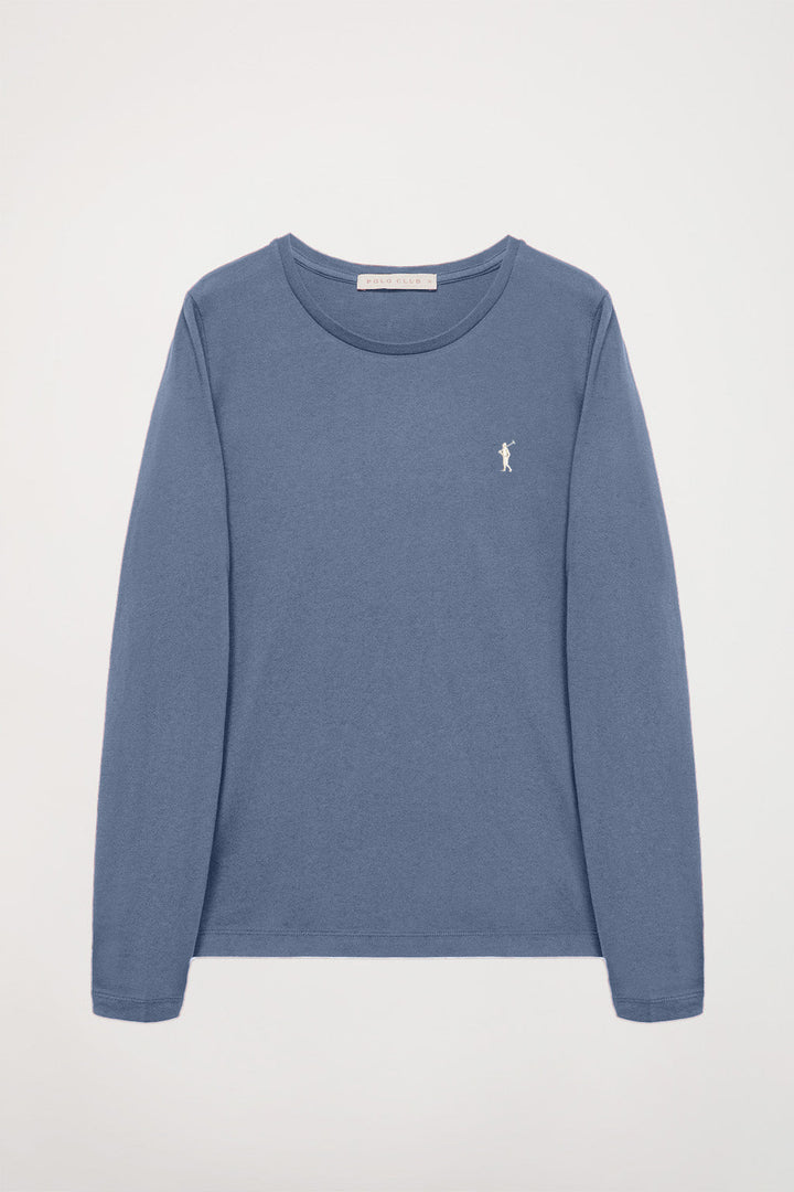 Langärmliges, schlichtes Baumwoll-T-Shirt denimblau mit Rigby Go Logo