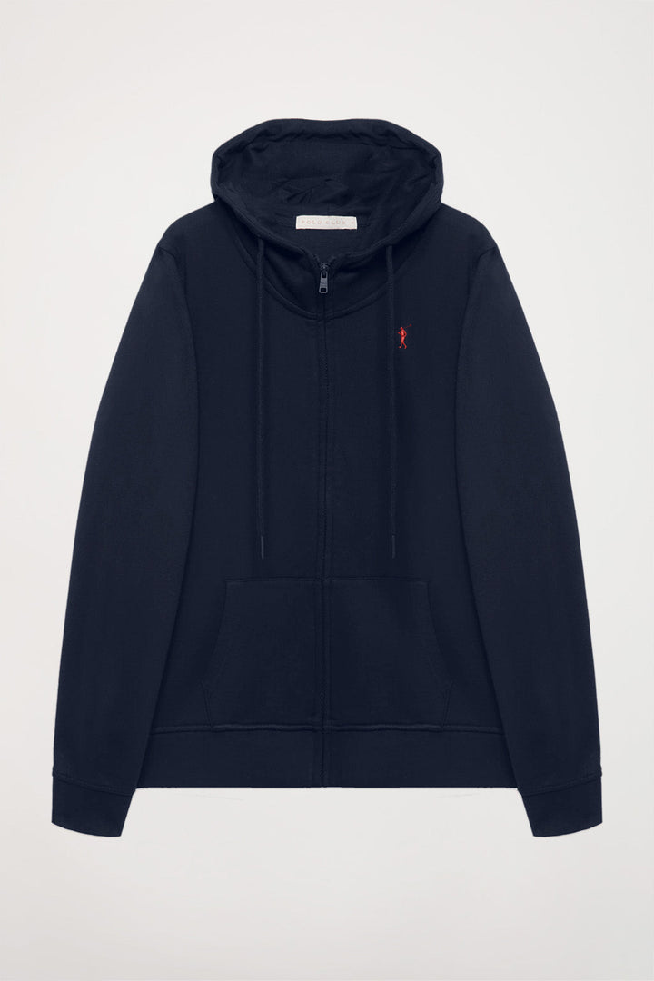 Navy-blue open hoodie with Rigby Go logo