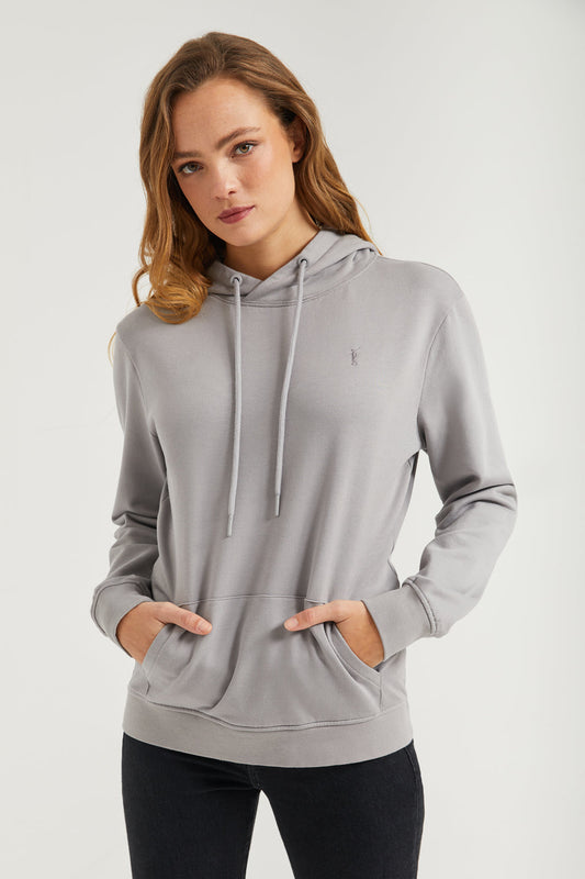 Grey hoodie with pockets and Rigby Go logo