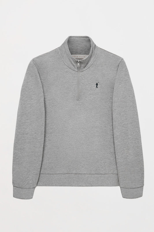 Sweatshirt grau meliert mit kurzem Reißverschluss und Rigby Go Logo