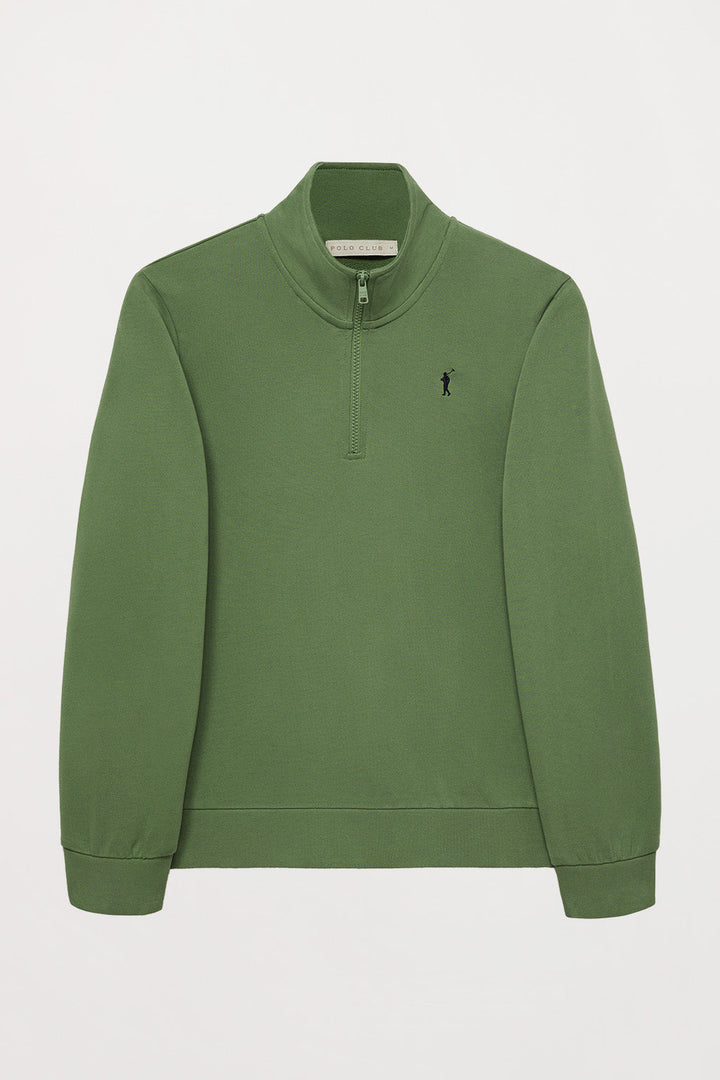 Mud-green half-zip sweatshirt with Rigby Go logo