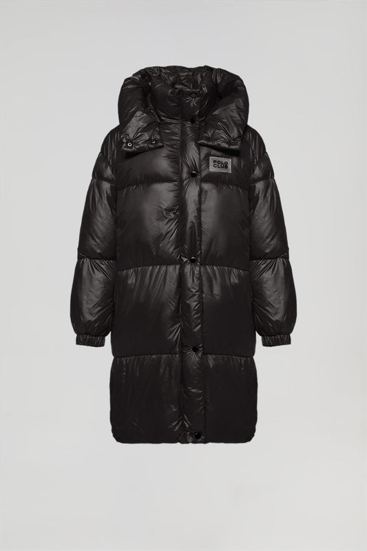 Black oversize puffer jacket with hood and Polo Club detail