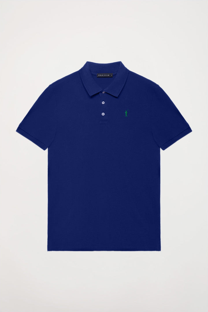 Royal-blue pique polo shirt with three-button placket and contrast embroidered logo