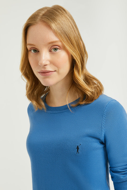 Basic blauwe trui met ronde hals en Rigby Go-logo