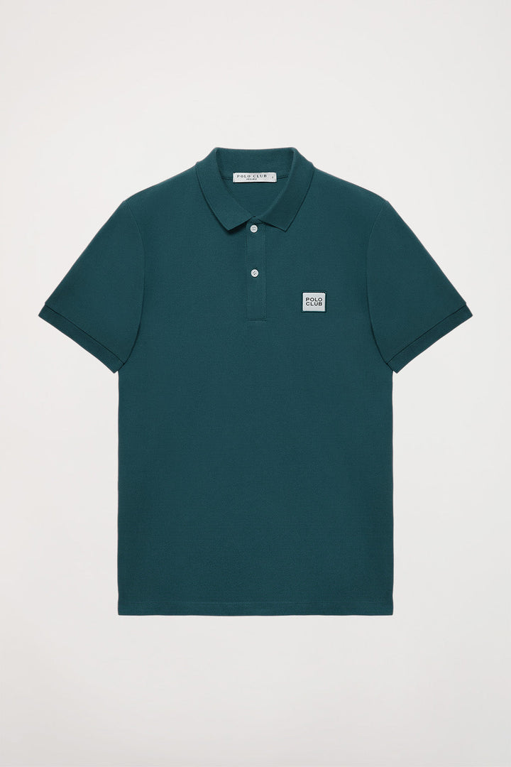 Petrol-blue short-sleeve organic Neutrals polo shirt with logo
