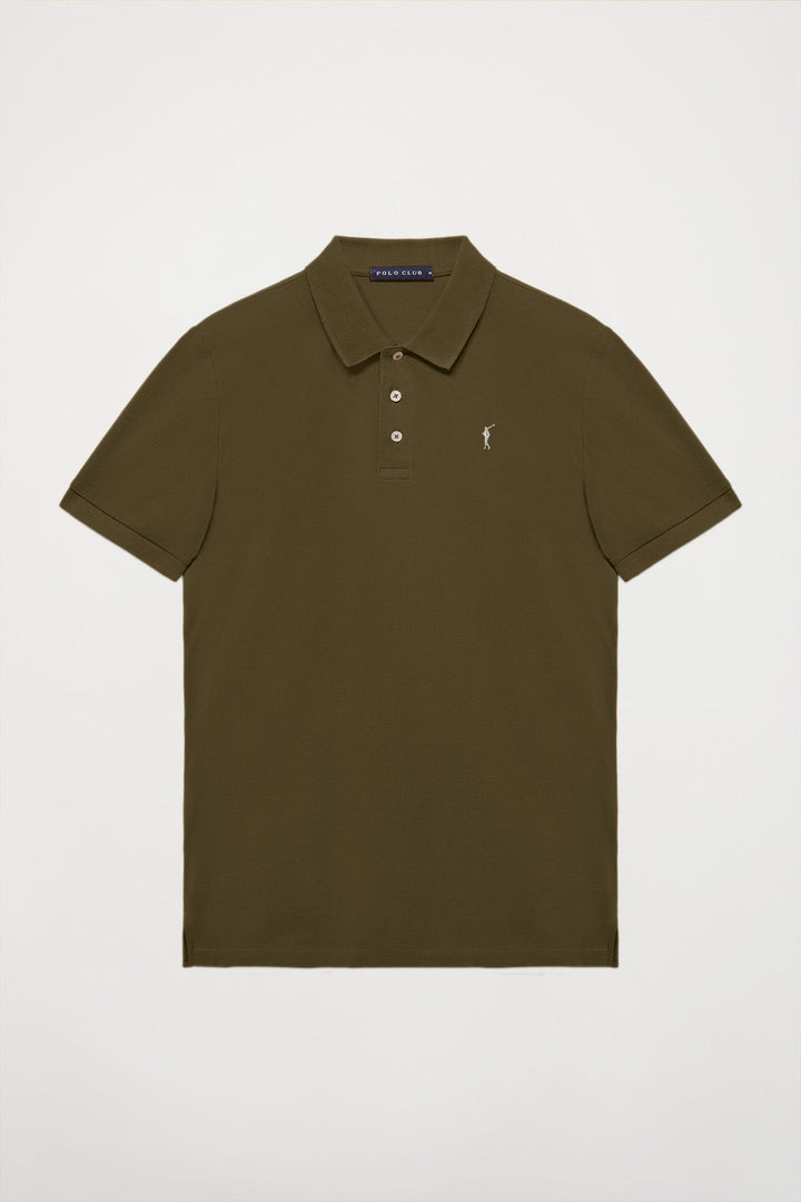 Olive-green pique polo shirt with three-button placket and contrast embroidered logo
