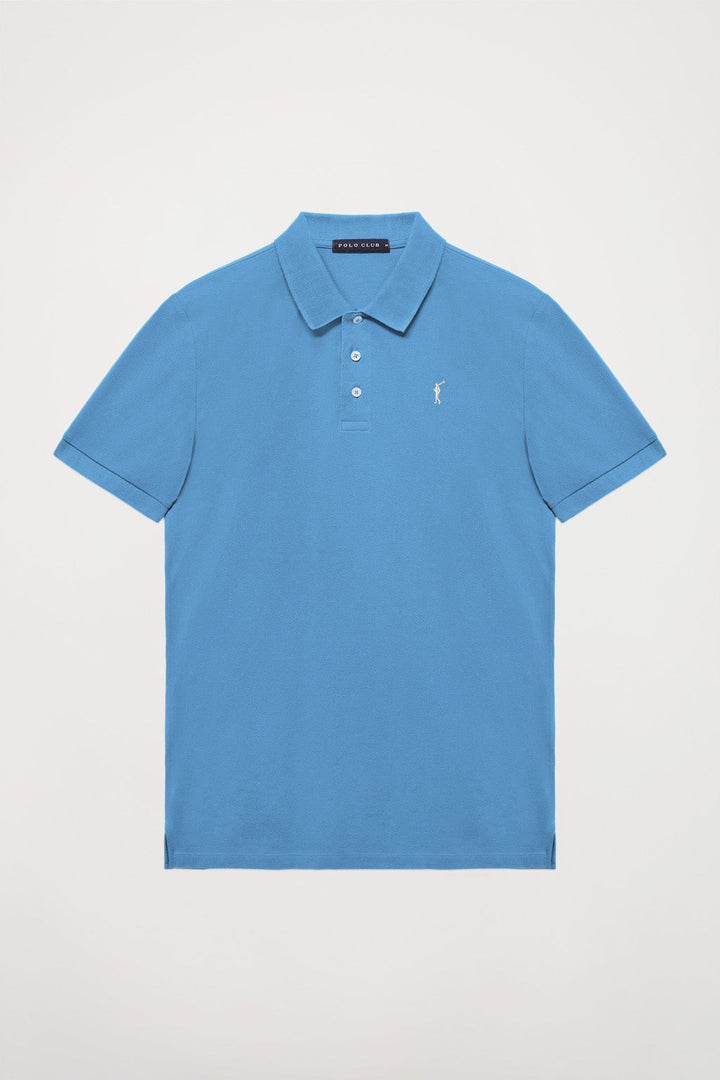 Blue pique polo shirt with three-button placket and contrast embroidered logo