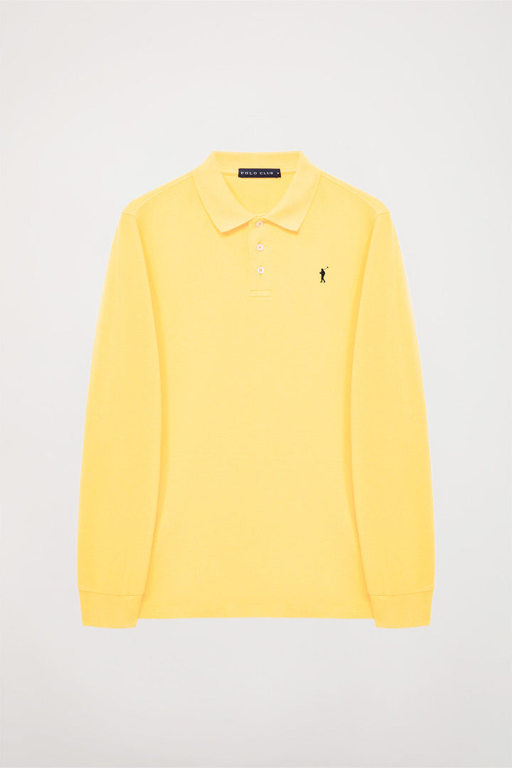 Yellow long-sleeve pique polo shirt with Rigby Go embroidery