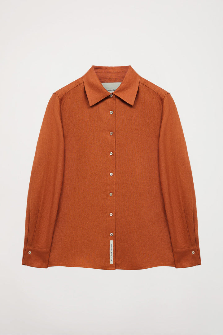 Oranjerood linnen hemd met geborduurd detail