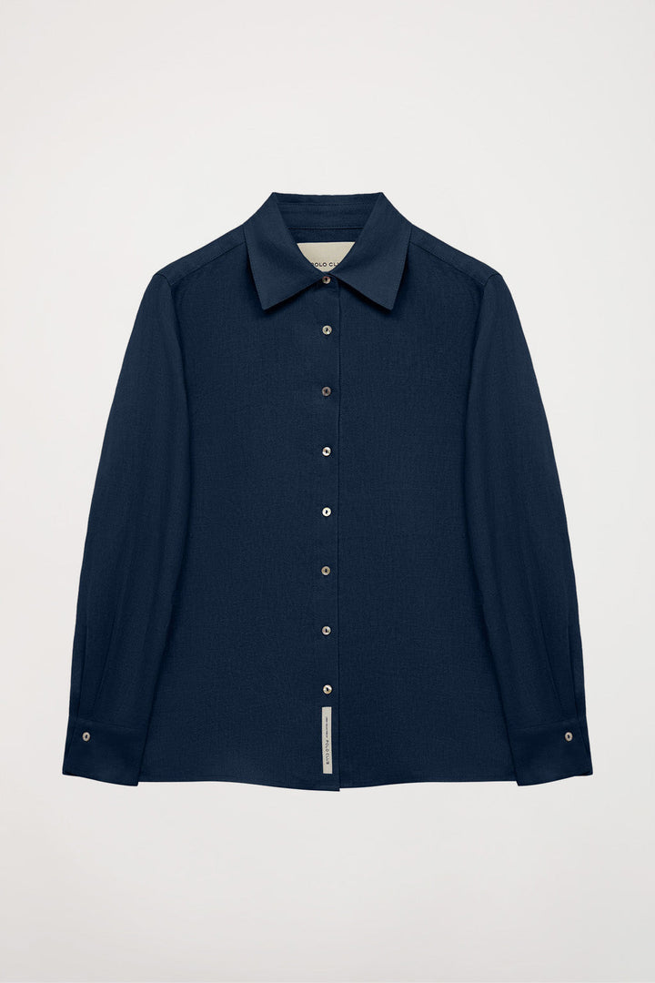 Navy-blue linen shirt with embroidered detail
