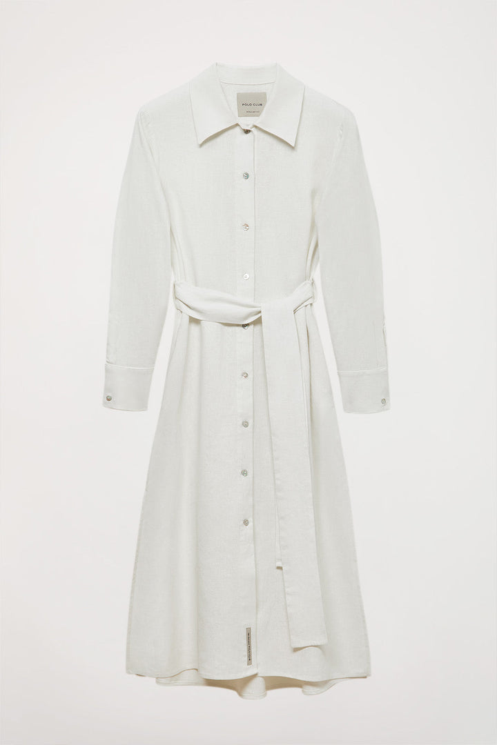 Lniana sukienka midi w kolorze białym z wyszywanymi detalami