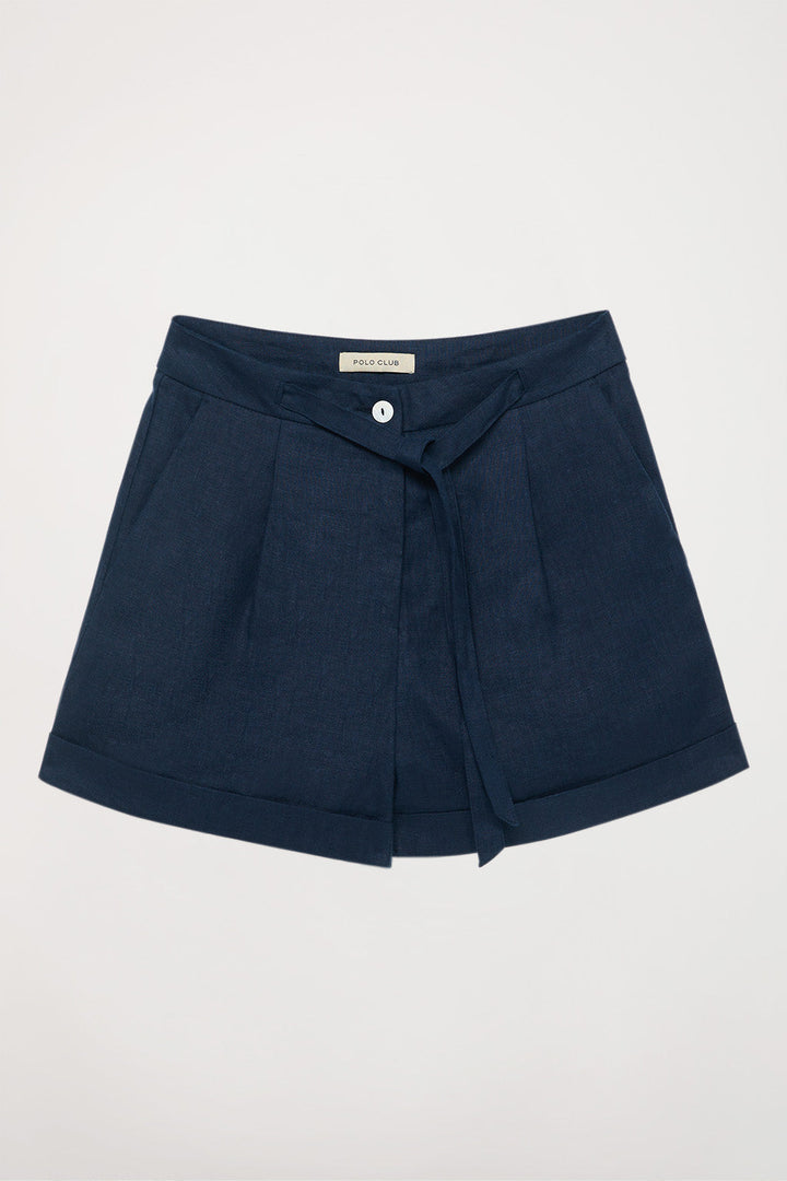 Navy-blue linen shorts with embroidered detail