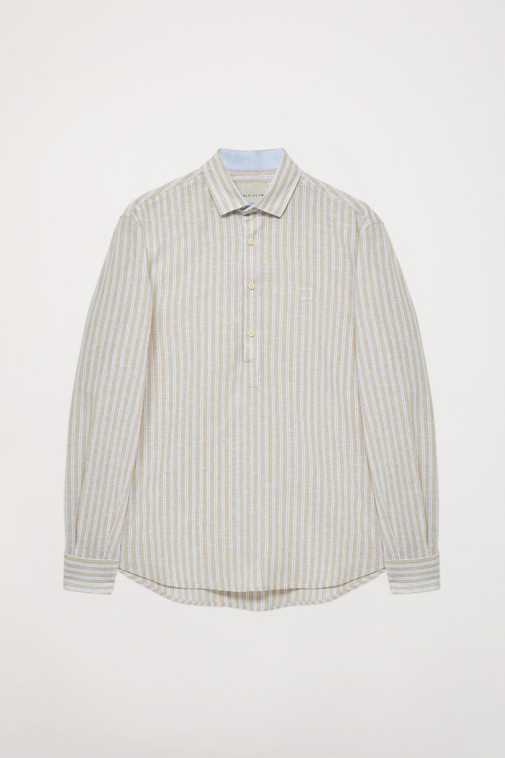 Striped shirt with mandarin collar and embroidered detail on chest