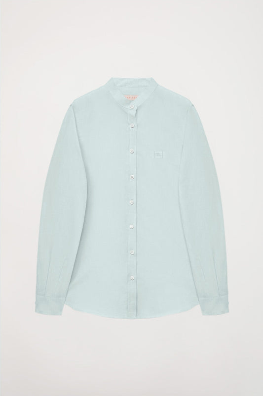 Powder-green shirt with mandarin collar and embroidered detail on chest