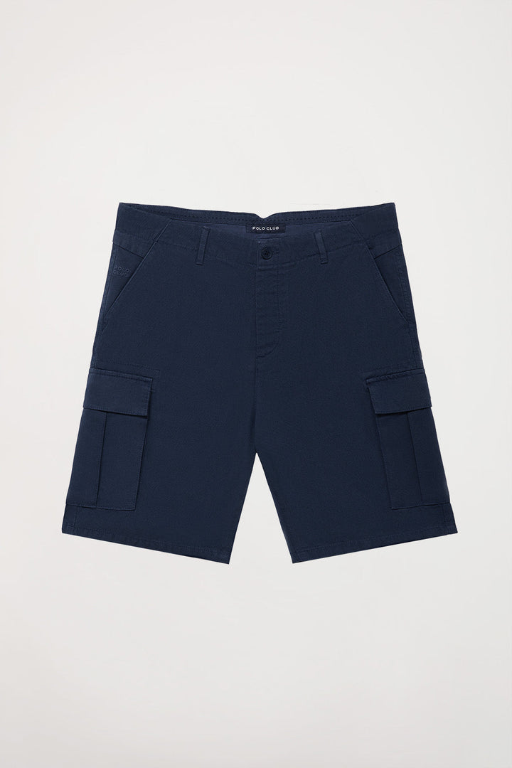 Navy-blue cargo shorts with embroidered logo
