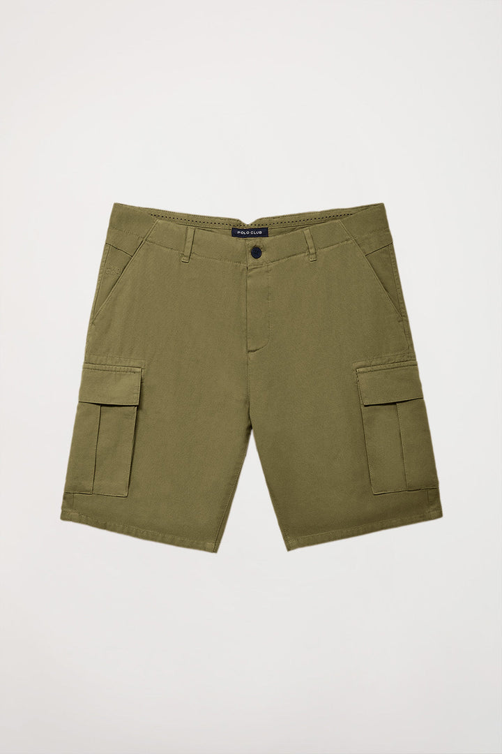 Kaki bermuda met geborduurd logo, cargo fit