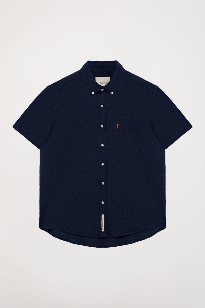 Navy-blue linen shirt with chest pocket and Rigby Go logo