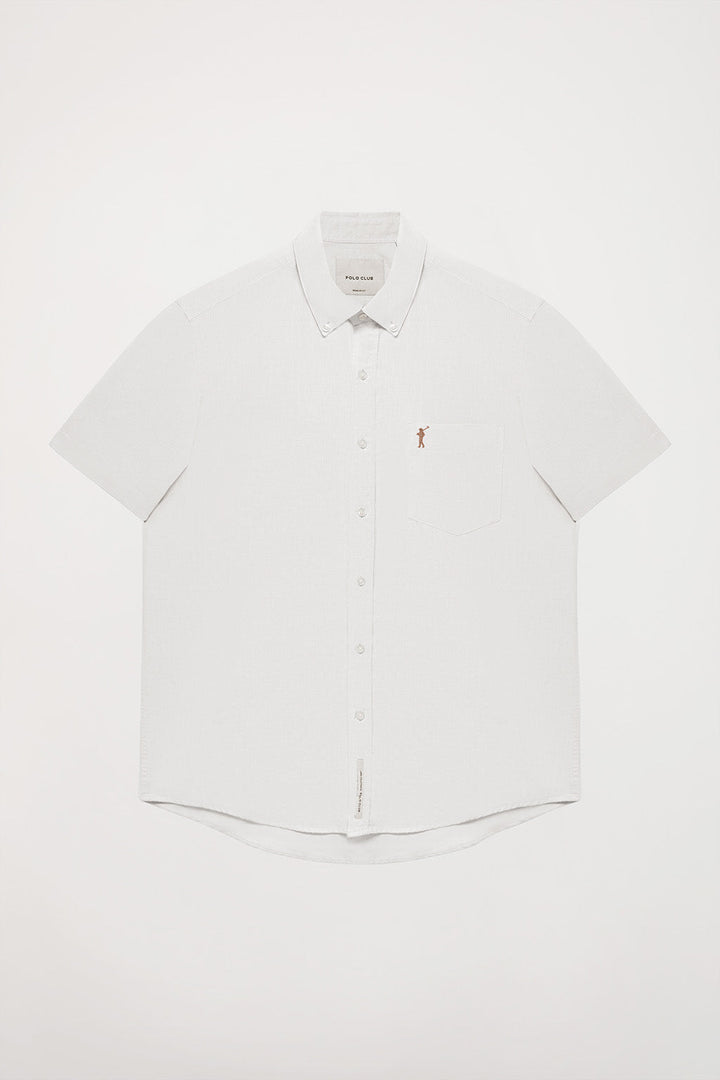 White linen shirt with chest pocket and Rigby Go logo