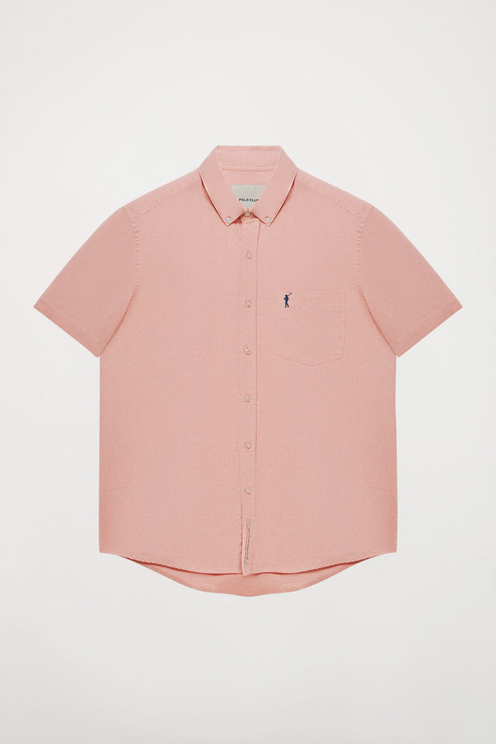 Pink linen shirt with chest pocket and Rigby Go logo
