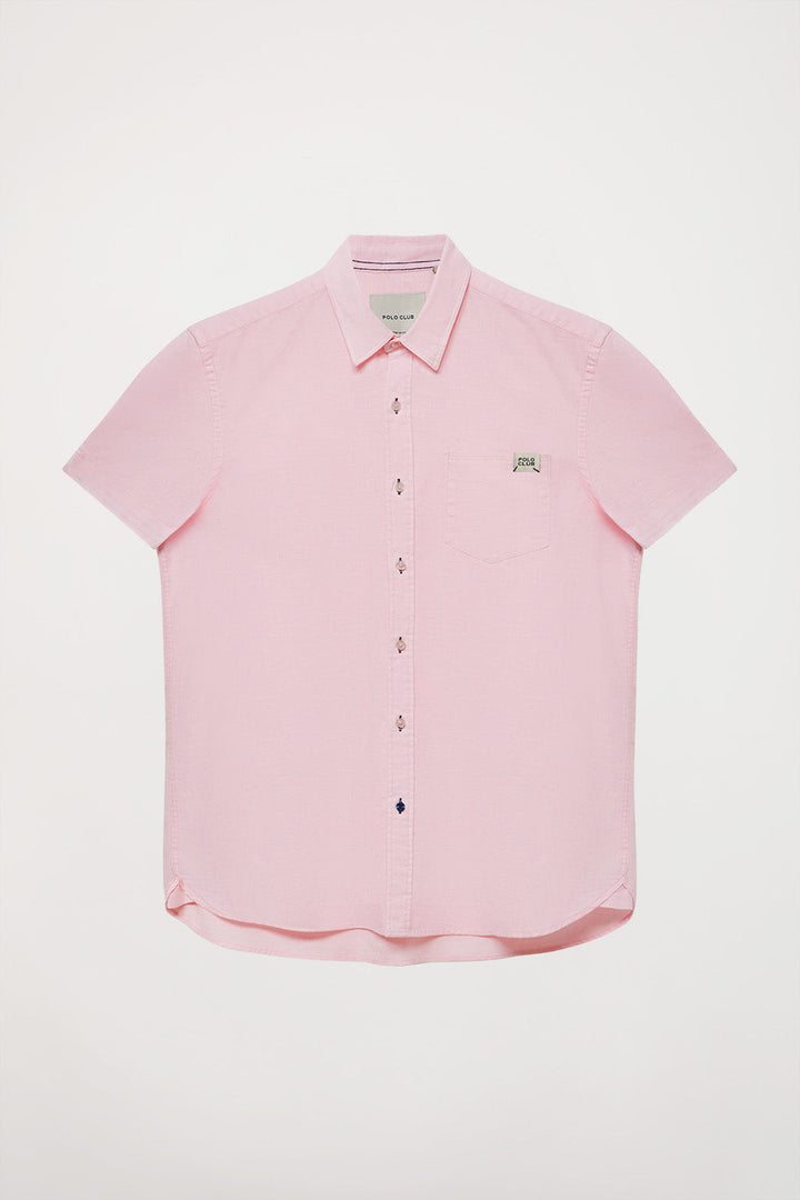 Camicia rosa in lino con tasca sul petto