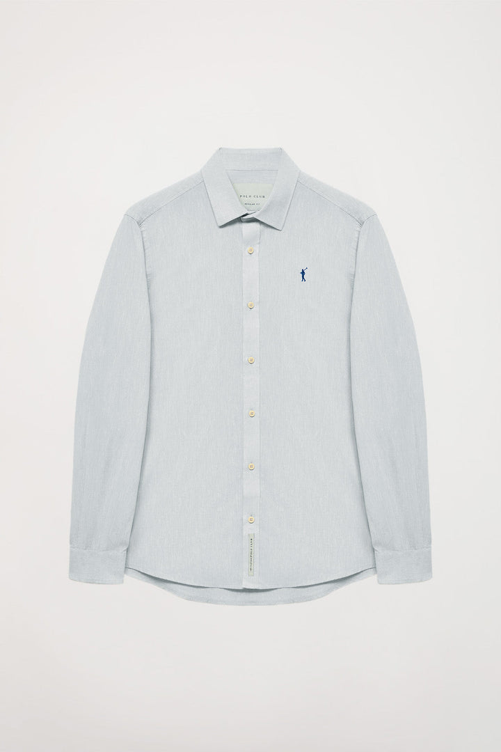 Blue linen and cotton shirt with Rigby Go embroidery
