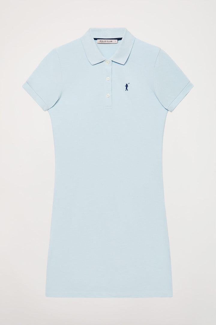 Sky-blue short-sleeve popover dress with Rigby Go embroidery