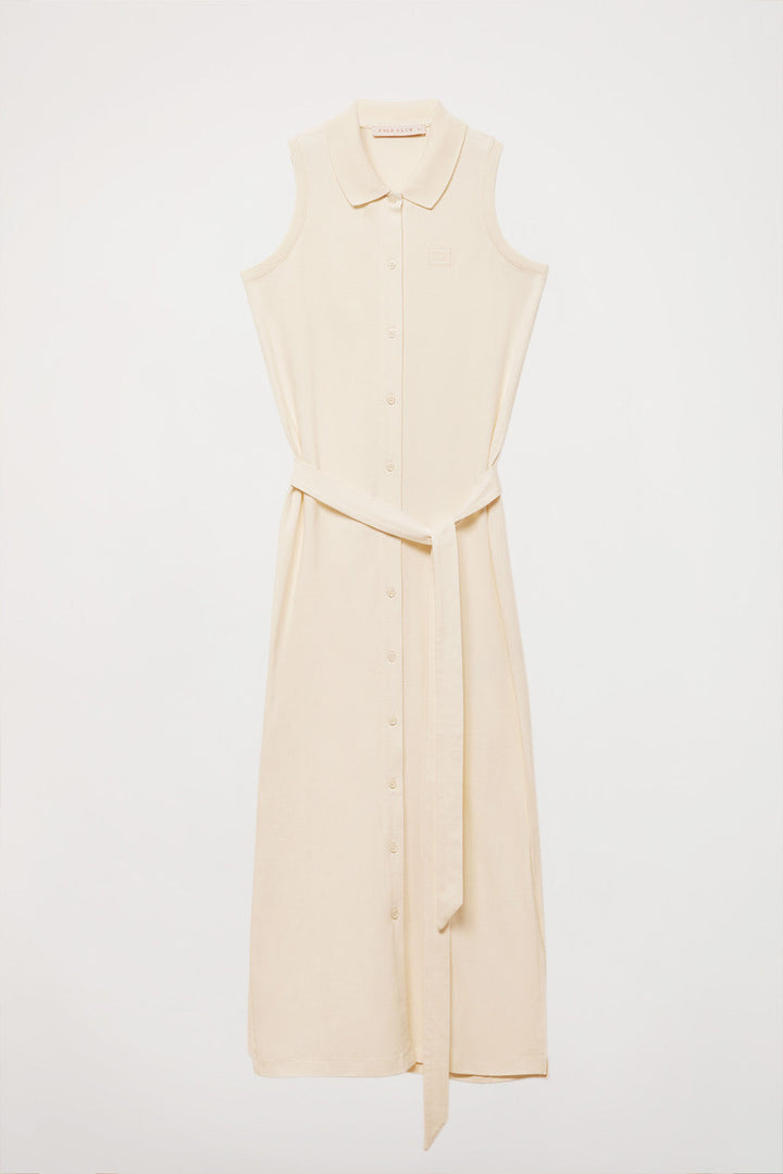 Beige sleeveless dress with embroidered logo in matching colour