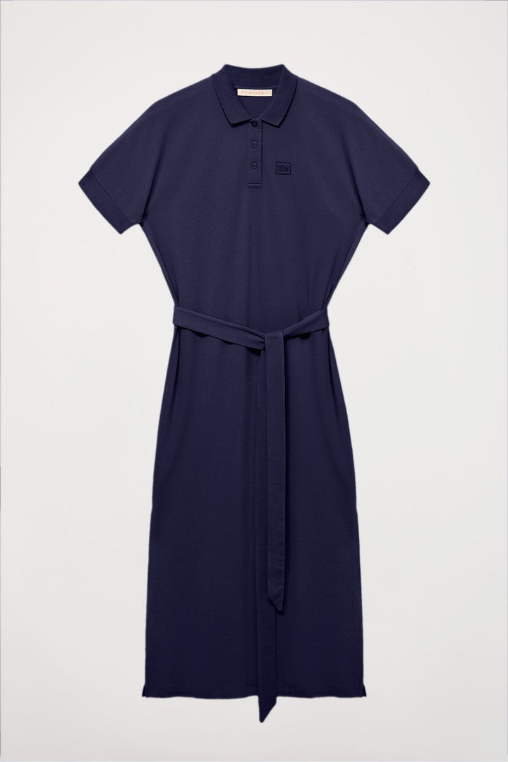 Navy-blue dolman-sleeve dress with embroidery in matching colour