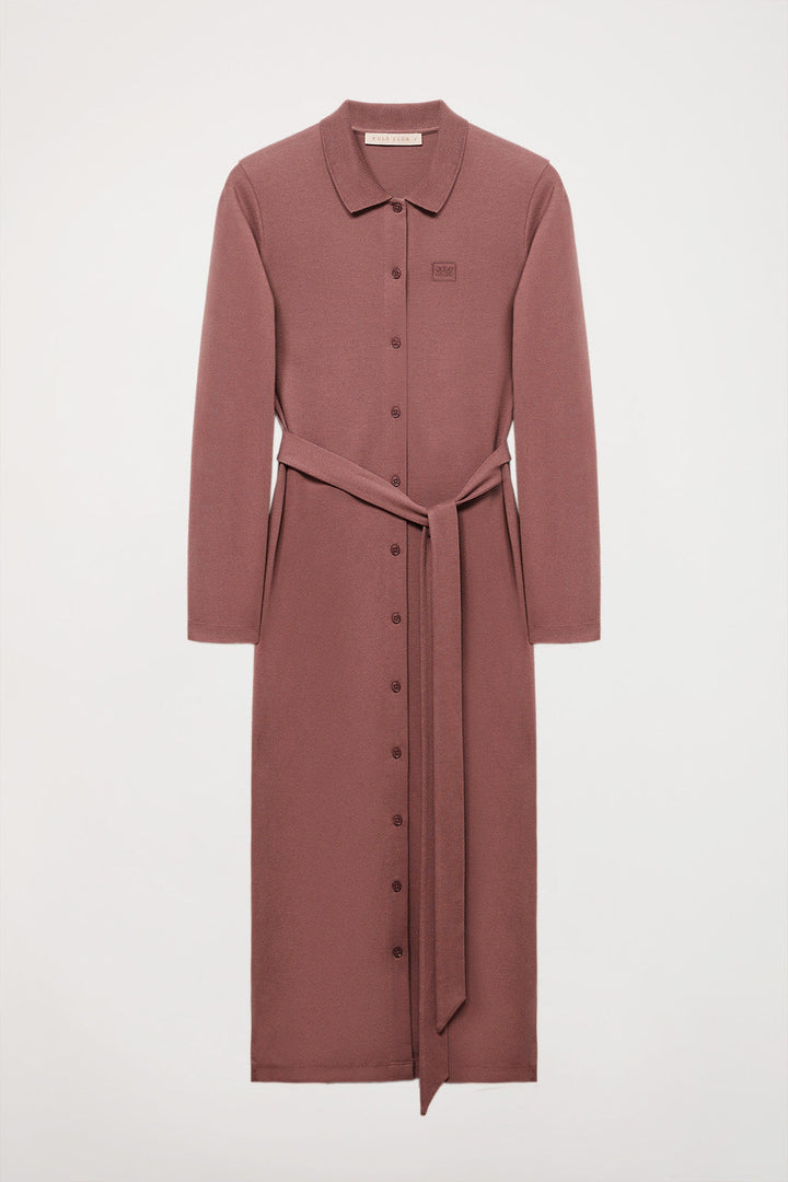 Taupe long-sleeve dress with embroidered logo in matching colour