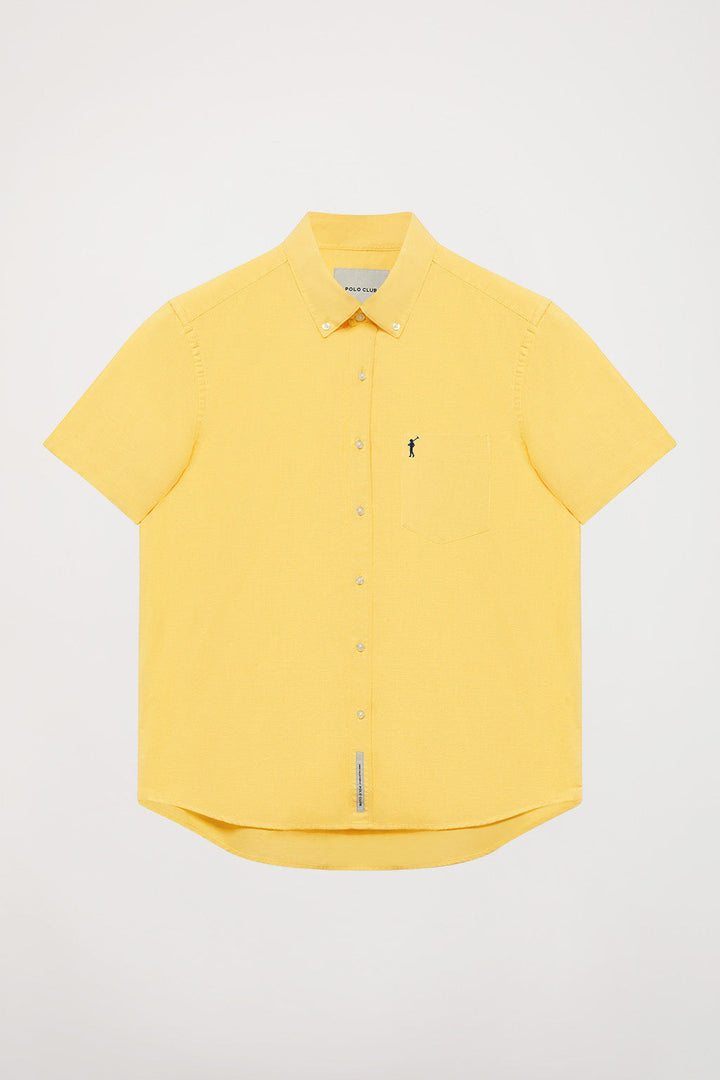 Yellow linen shirt with chest pocket and Rigby Go logo