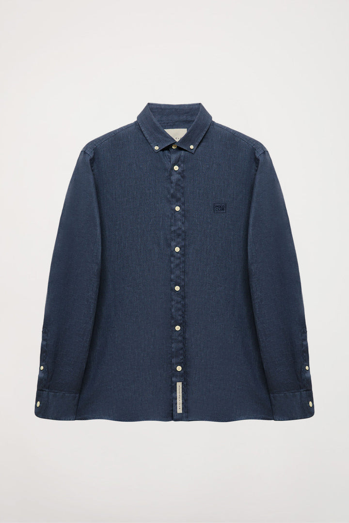 Navy-blue linen shirt with embroidered logo