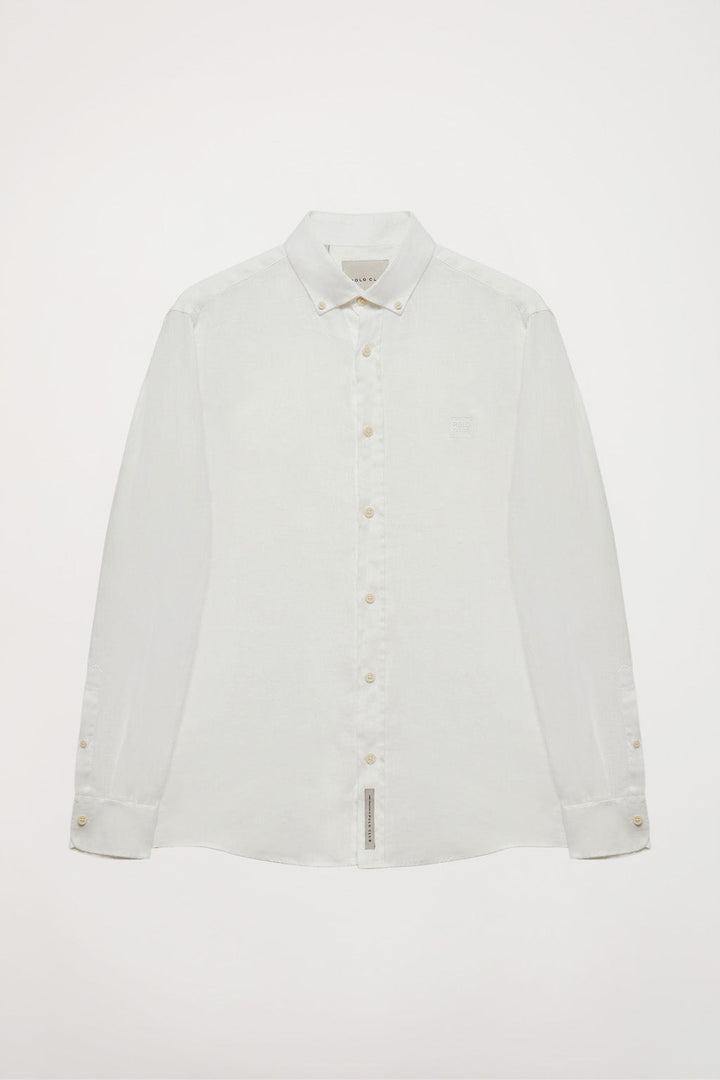 Camicia in lino bianca con logo ricamato