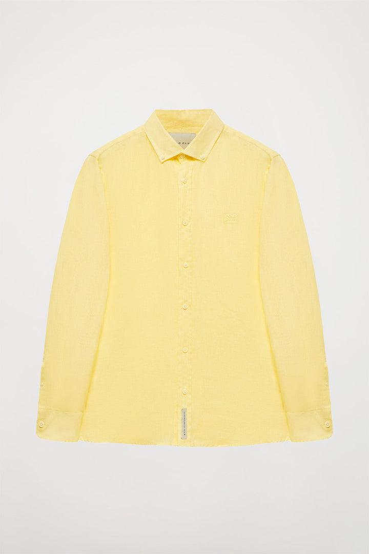 Camicia gialla in lino con logo ricamato