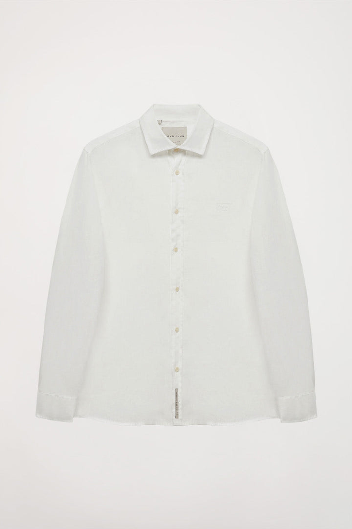 Chemise en lin blanche à col français et logo brodé