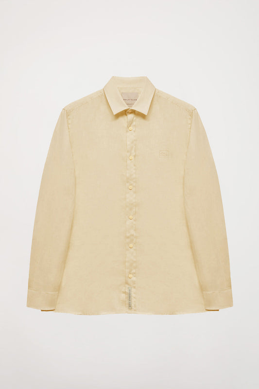 Chemise en lin beige à col français et logo brodé