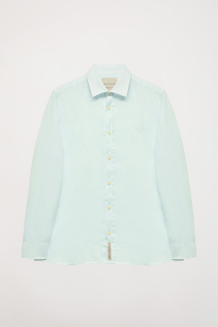 Chemise en lin bleu clair à col français et logo brodé