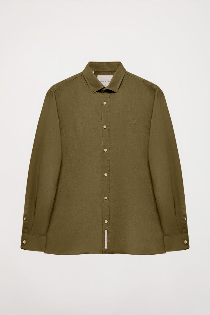 Khaki French-collar linen shirt with embroidered logo