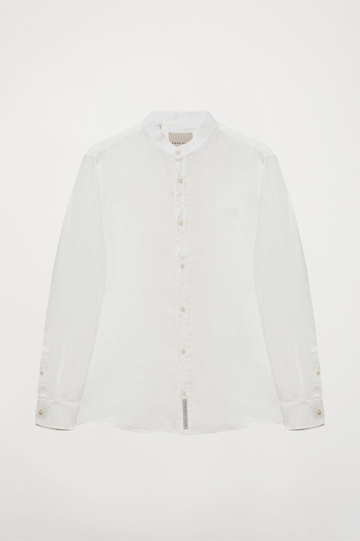 White linen shirt with mandarin collar and embroidered logo